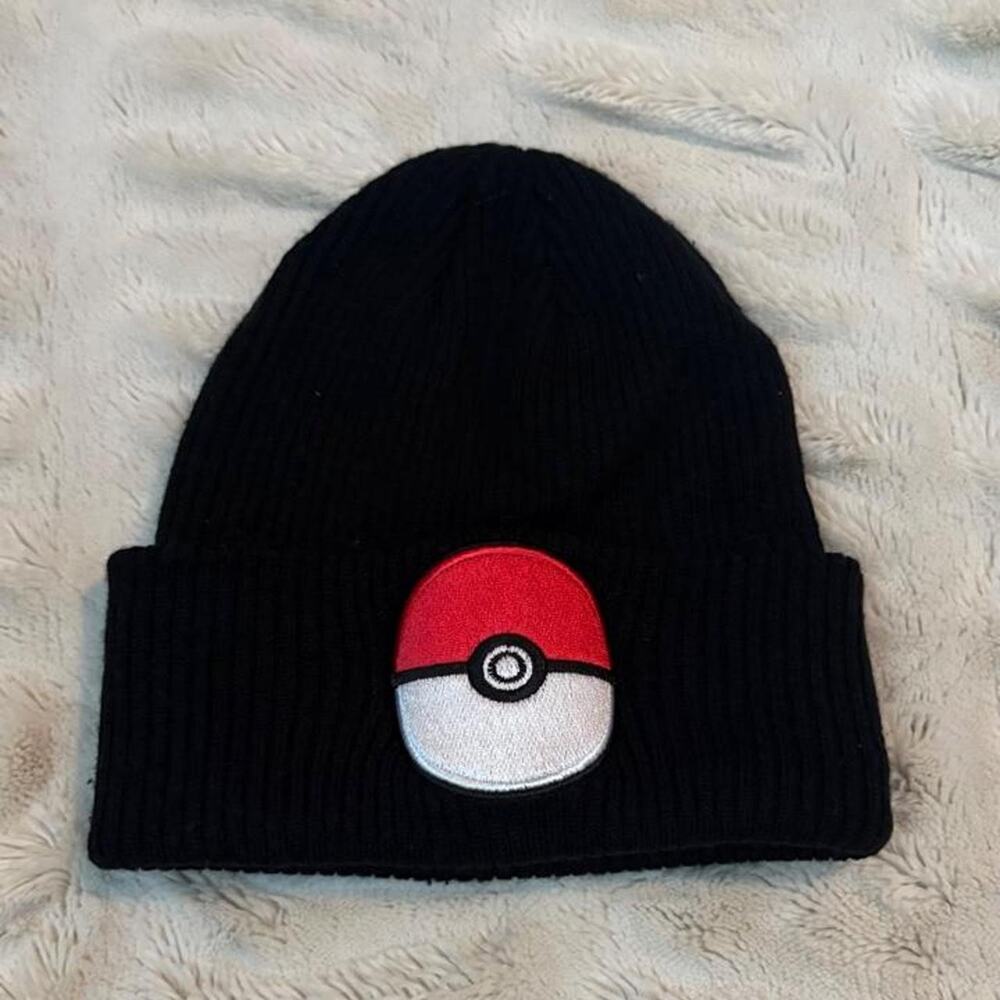 Black Pokemon cuff knit beanie with red and white Poké Ball graphic